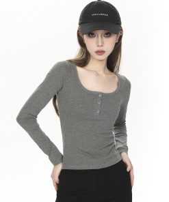Fitted Long Sleeve Ribbed T-Shirt for Women - Solid Color Basic Top for Spring & Autumn, 2025 Trendy Spicy Girl Style