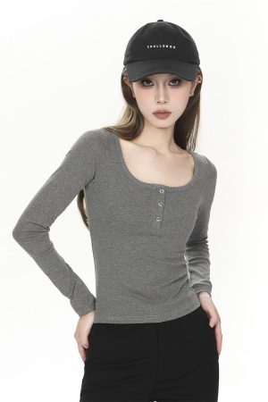 Fitted Long Sleeve Ribbed T-Shirt for Women - Solid Color Basic Top for Spring & Autumn, 2025 Trendy Spicy Girl Style