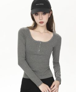 Fitted Long Sleeve Ribbed T-Shirt for Women - Solid Color Basic Top for Spring & Autumn, 2025 Trendy Spicy Girl Style