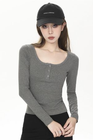 Fitted Long Sleeve Ribbed T-Shirt for Women - Solid Color Basic Top for Spring & Autumn, 2025 Trendy Spicy Girl Style