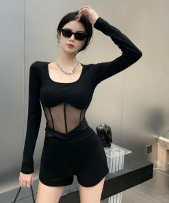 Fitted Square Neck Long Sleeve Solid Color Mesh Bodysuit for Women - Southeast Asian & European-American Style, Trendy Fashion Essential