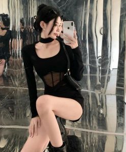 Fitted Square Neck Long Sleeve Solid Color Mesh Bodysuit for Women - Southeast Asian & European-American Style, Trendy Fashion Essential
