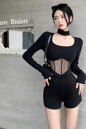 Fitted Square Neck Long Sleeve Solid Color Mesh Bodysuit for Women - Southeast Asian & European-American Style, Trendy Fashion Essential