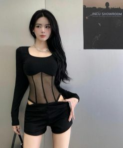 Fitted Square Neck Long Sleeve Solid Color Mesh Bodysuit for Women - Southeast Asian & European-American Style, Trendy Fashion Essential