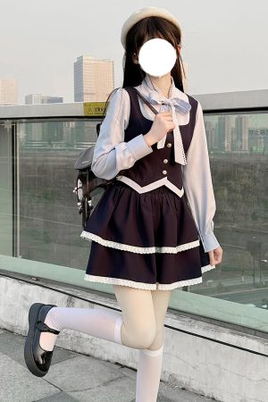 Fitted Top and Skirt Set - Pudding Bear JK College Style Sweet Spring Outfit, Faux Two-Piece, Cute 90s Aesthetic Fashion.