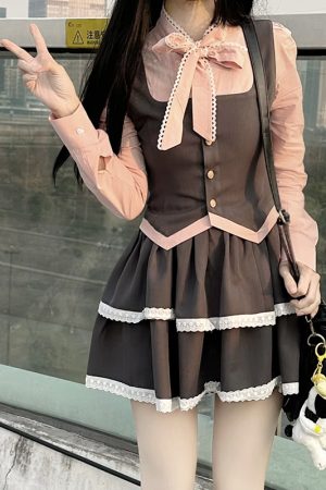 Fitted Top and Skirt Set - Pudding Bear JK College Style Sweet Spring Outfit, Faux Two-Piece, Cute 90s Aesthetic Fashion.
