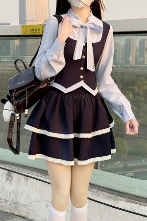 Fitted Top and Skirt Set - Pudding Bear JK College Style Sweet Spring Outfit, Faux Two-Piece, Cute 90s Aesthetic Fashion.