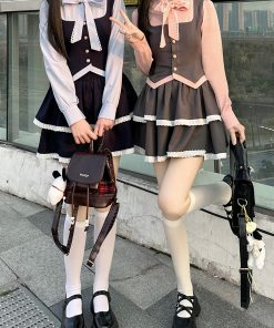 Fitted Top and Skirt Set - Pudding Bear JK College Style Sweet Spring Outfit, Faux Two-Piece, Cute 90s Aesthetic Fashion.