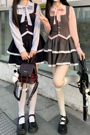 Fitted Top and Skirt Set - Pudding Bear JK College Style Sweet Spring Outfit, Faux Two-Piece, Cute 90s Aesthetic Fashion.