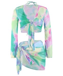 Flattering Long Sleeve Tie-Dye Four-Piece Split Swimsuit Set for Women, Slim Fit, Perfect for Small Busts