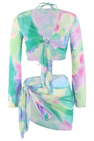Flattering Long Sleeve Tie-Dye Four-Piece Split Swimsuit Set for Women, Slim Fit, Perfect for Small Busts