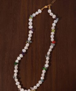 Floating French Natural Baroque Pearl Necklace with Colorful Chips Vintage Beaded Choker, Boho Chic Statement Jewelry