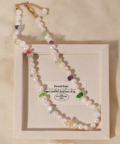 Floating French Natural Baroque Pearl Necklace with Colorful Chips Vintage Beaded Choker, Boho Chic Statement Jewelry