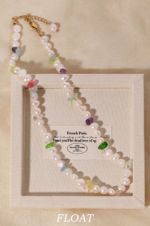 Floating French Natural Baroque Pearl Necklace with Colorful Chips Vintage Beaded Choker, Boho Chic Statement Jewelry