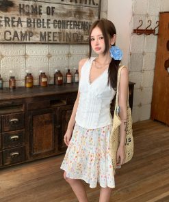 Floral A-Line Mid-Length Skirt for Summer, Women's Korean Style Dress with Large Hem