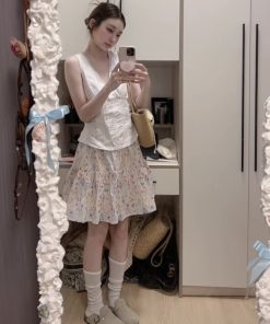 Floral A-Line Mid-Length Skirt for Summer, Women's Korean Style Dress with Large Hem