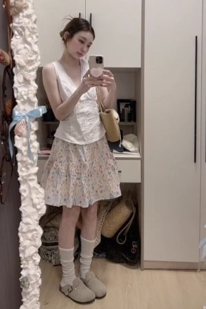 Floral A-Line Mid-Length Skirt for Summer, Women's Korean Style Dress with Large Hem