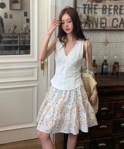 Floral A-Line Mid-Length Skirt for Summer, Women's Korean Style Dress with Large Hem
