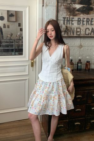 Floral A-Line Mid-Length Skirt for Summer, Women's Korean Style Dress with Large Hem