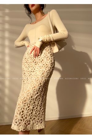 Floral Blooming Half Skirt for Women - Retro French Elegant A-Line Bodycon Skirt in Hollow Design - Chic Y2K Style