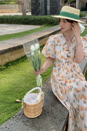 Floral Bubble Sleeve Dress for Women - Elegant Long Summer Dress in French Style, Fresh & Gentle Design for 2025