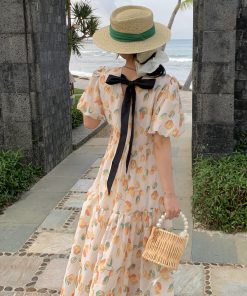 Floral Bubble Sleeve Dress for Women - Elegant Long Summer Dress in French Style, Fresh & Gentle Design for 2025