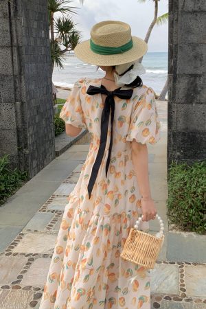 Floral Bubble Sleeve Dress for Women - Elegant Long Summer Dress in French Style, Fresh & Gentle Design for 2025