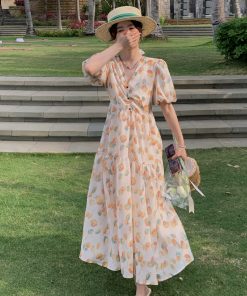 Floral Bubble Sleeve Dress for Women - Elegant Long Summer Dress in French Style, Fresh & Gentle Design for 2025