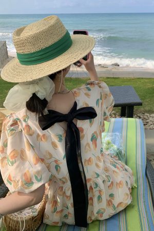 Floral Bubble Sleeve Dress for Women - Elegant Long Summer Dress in French Style, Fresh & Gentle Design for 2025
