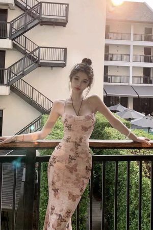 Floral Butterfly Mesh Camisole Dress - Fairy Slim Fit Long Dress for Spring and Summer - Trendy Y2K Style Fashion