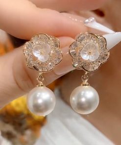 Floral Cluster Zirconia Pearl Stud Earrings - Trendy Drop Earrings with Niche Design, Elegant High-End Ear Accessories