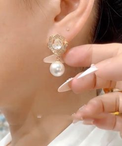 Floral Cluster Zirconia Pearl Stud Earrings - Trendy Drop Earrings with Niche Design, Elegant High-End Ear Accessories