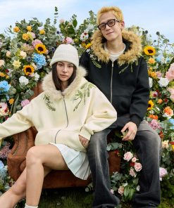 Floral Embroidered Fur Collar Hooded Cardigan Fleece Sweatshirt - Chinese Style, Cozy Layering Piece for Y2K and Korean Fashion Fans