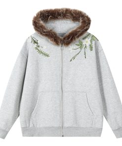 Floral Embroidered Fur Collar Hooded Cardigan Fleece Sweatshirt - Chinese Style, Cozy Layering Piece for Y2K and Korean Fashion Fans