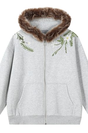Floral Embroidered Fur Collar Hooded Cardigan Fleece Sweatshirt - Chinese Style, Cozy Layering Piece for Y2K and Korean Fashion Fans