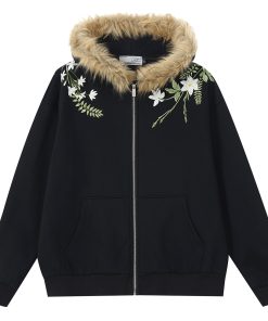 Floral Embroidered Fur Collar Hooded Cardigan Fleece Sweatshirt - Chinese Style, Cozy Layering Piece for Y2K and Korean Fashion Fans