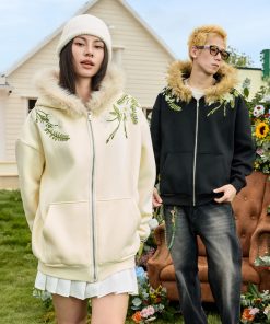 Floral Embroidered Fur Collar Hooded Cardigan Fleece Sweatshirt - Chinese Style, Cozy Layering Piece for Y2K and Korean Fashion Fans