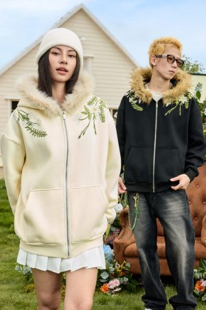 Floral Embroidered Fur Collar Hooded Cardigan Fleece Sweatshirt - Chinese Style, Cozy Layering Piece for Y2K and Korean Fashion Fans