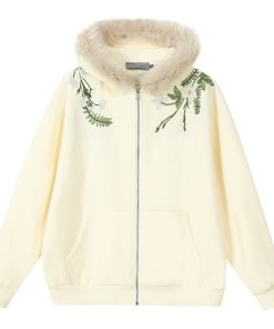 Floral Embroidered Fur Collar Hooded Cardigan Fleece Sweatshirt - Chinese Style, Cozy Layering Piece for Y2K and Korean Fashion Fans
