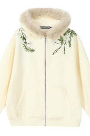 Floral Embroidered Fur Collar Hooded Cardigan Fleece Sweatshirt - Chinese Style, Cozy Layering Piece for Y2K and Korean Fashion Fans