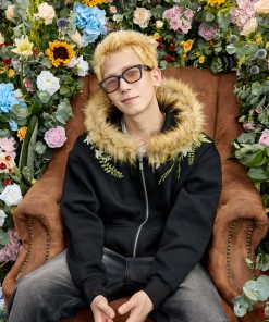 Floral Embroidered Fur Collar Hooded Cardigan Fleece Sweatshirt - Chinese Style, Cozy Layering Piece for Y2K and Korean Fashion Fans