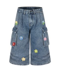 Floral Embroidery Camouflage Work Shorts for Men and Women - Retro American Pleated Multi-Pocket Cropped Pants