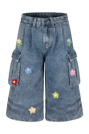 Floral Embroidery Camouflage Work Shorts for Men and Women - Retro American Pleated Multi-Pocket Cropped Pants