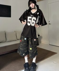 Floral Embroidery Camouflage Work Shorts for Men and Women - Retro American Pleated Multi-Pocket Cropped Pants