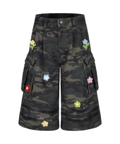 Floral Embroidery Camouflage Work Shorts for Men and Women - Retro American Pleated Multi-Pocket Cropped Pants