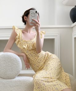 Floral French-Style Ruffled Midi Skirt for Women, Summer Slim-Fit Lace Spaghetti Strap Dress, Vacation Ready Fashion