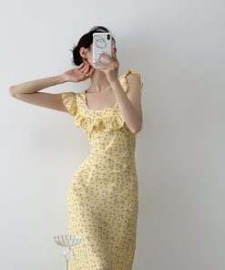 Floral French-Style Ruffled Midi Skirt for Women, Summer Slim-Fit Lace Spaghetti Strap Dress, Vacation Ready Fashion