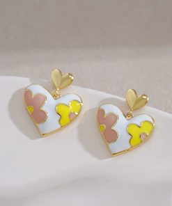 Floral Heart-Shaped Ear Studs, Tea-Themed Small Earrings, Ethereal Quality Accessories, Trendy Niche Jewelry