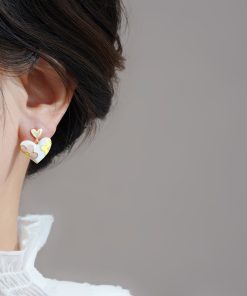 Floral Heart-Shaped Ear Studs, Tea-Themed Small Earrings, Ethereal Quality Accessories, Trendy Niche Jewelry