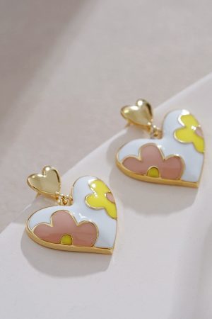 Floral Heart-Shaped Ear Studs, Tea-Themed Small Earrings, Ethereal Quality Accessories, Trendy Niche Jewelry